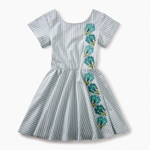NWT Tea Collection Floral Embroidered Dress Striped Blue White Size 2